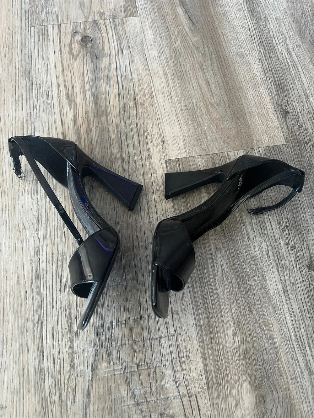 bp Black Patent Square-Toe Ankle-Strap Block Heels